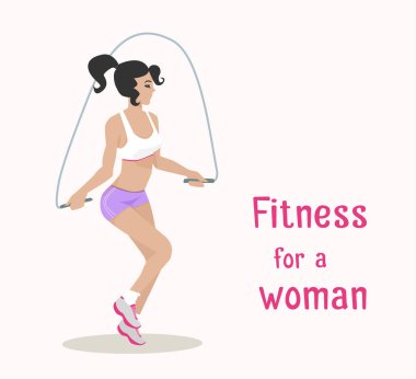 Vektör kız atlama ipi egzersizleri yapar. düz çizgi film tarzı