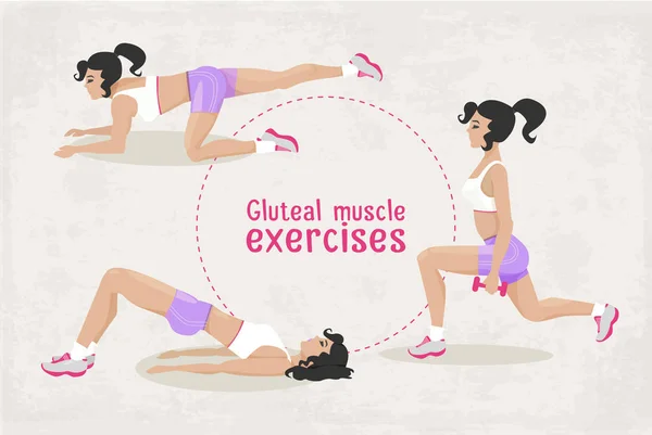 Conjunto vetorial de exercícios de musculatura glútea fitness para mulher —  Vetores de Stock