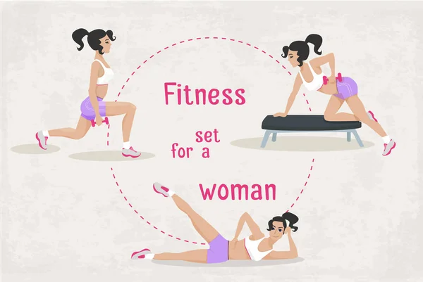 Conjunto de exercícios de fitness para uma mulher  . —  Vetores de Stock