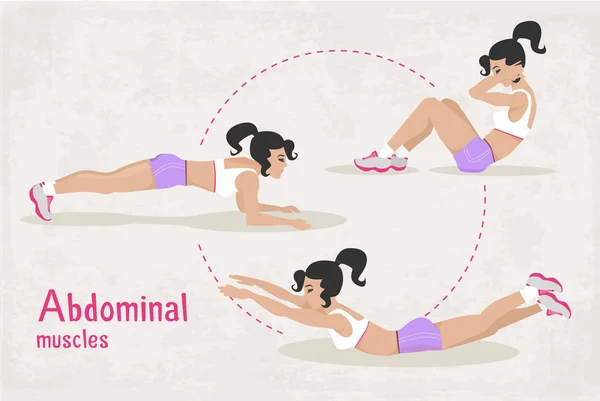 Vector Conjunto de ejercicios de entrenamiento de músculos abdominales fitness para mujer , — Archivo Imágenes Vectoriales