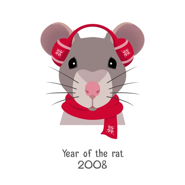 Cabeça de rato vetorial em fones de ouvido vermelhos, cachecol de Natal de ano novo — Vetor de Stock