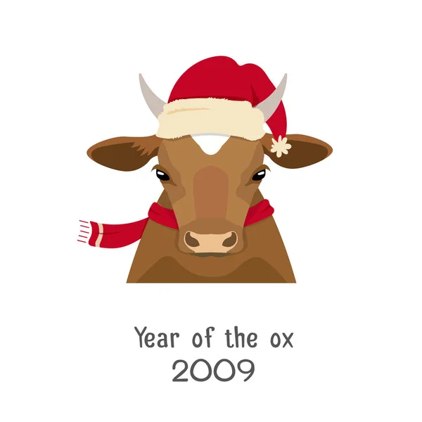 Vector koe hoofd in Nieuwjaar, Kerstmis rode hoed, sjaal — Stockvector