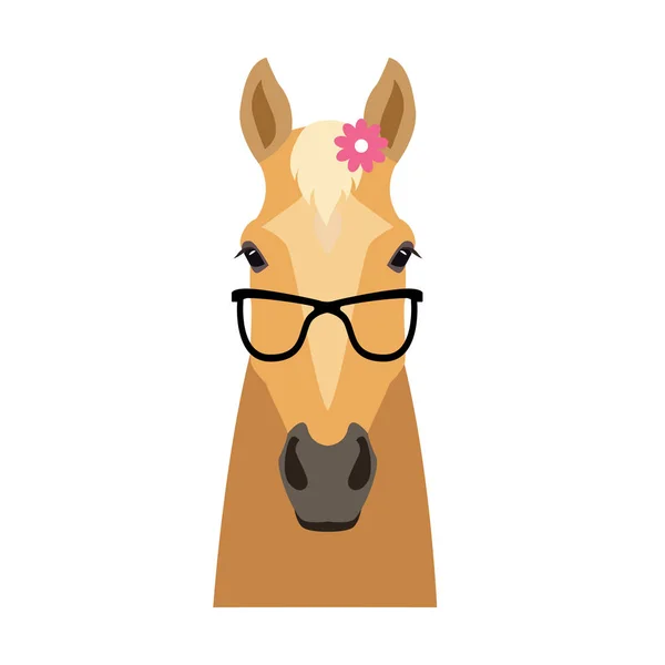 Vector palomino cabeça de cavalo estilo plano em óculos de sol usando flor — Vetor de Stock