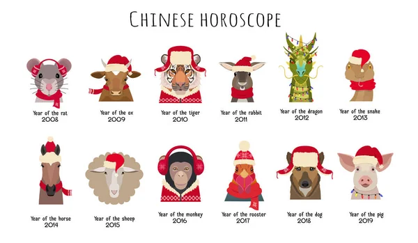 Vektor állati fejek a piros sapka sálak. Kínai horoszkóp szimbólumokkal — Stock Vector
