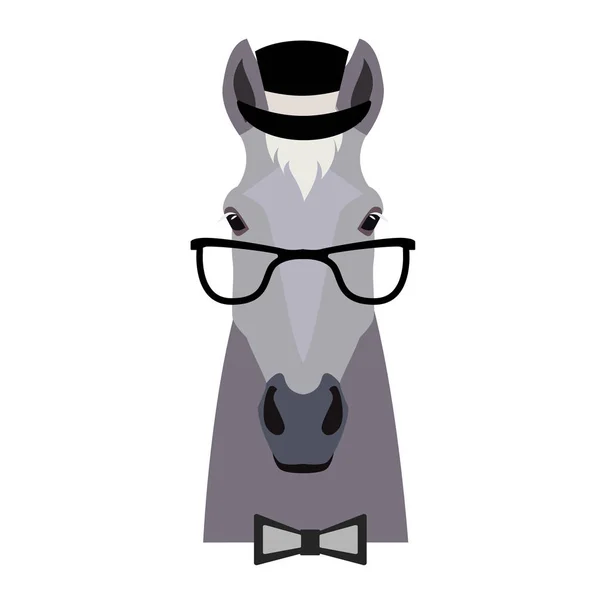 Cabeza de caballo vectorial gris en gafas con corbata y gorra — Vector de stock