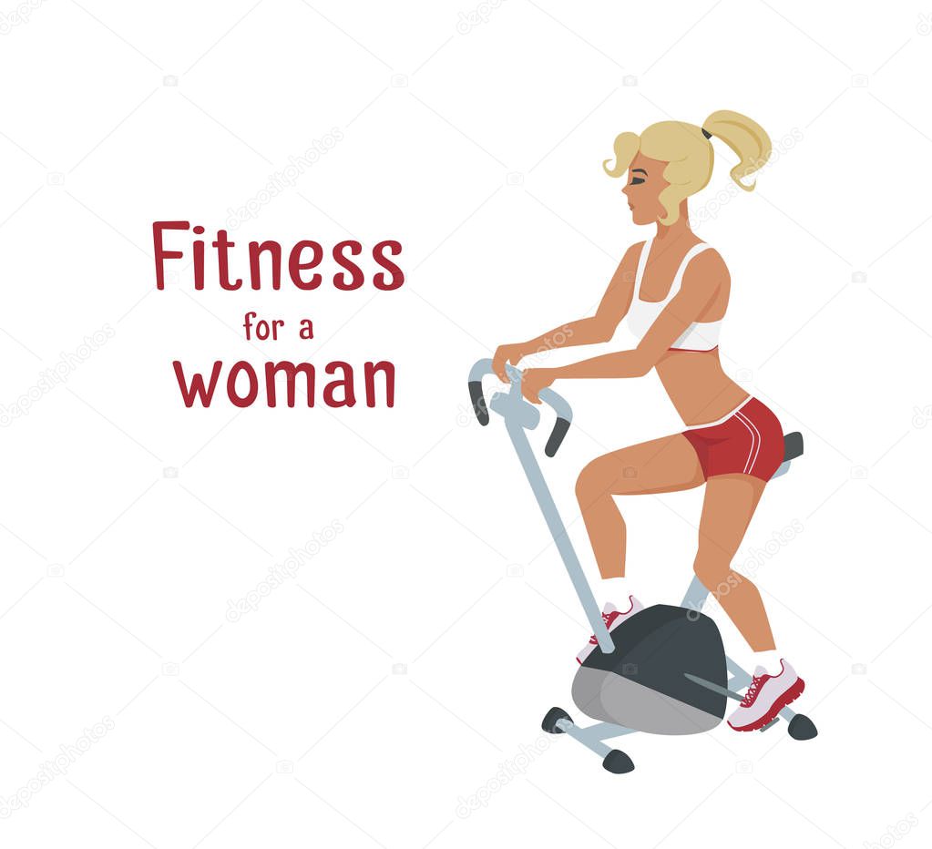 Vector girl in red does gluteal muscles exercise . Flat, cartoon style woman does fitness workout on exercise bike. active lifestyle illustration. Print banner poster design element