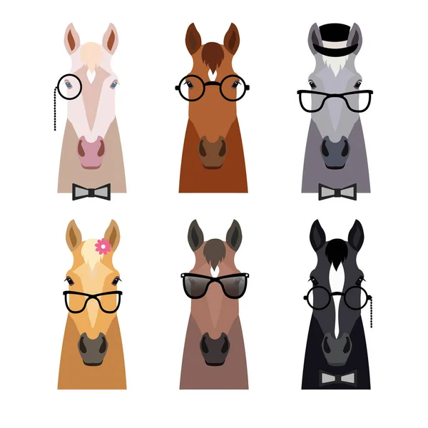 Cabeça de cavalo de vetor hipster em óculos, arco. Estilo de desenho animado plano — Vetor de Stock