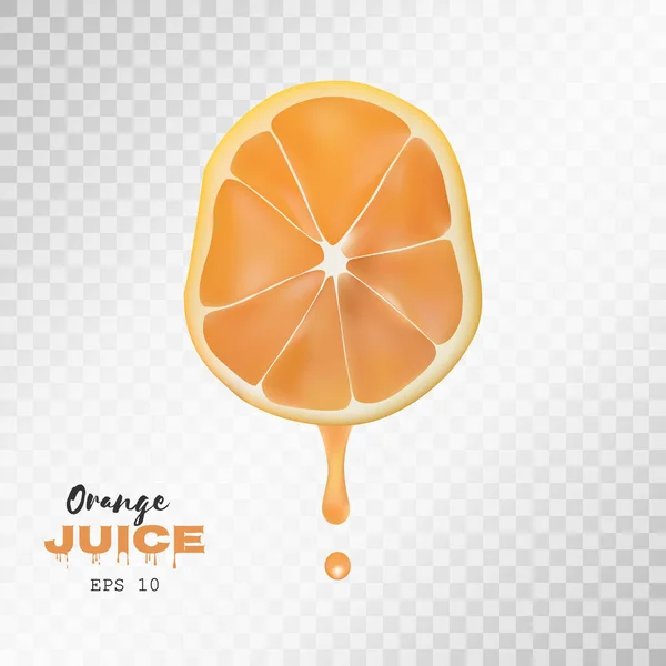 Vector realistic sliced orange with drop of juice. Transparent background — Stock Vector