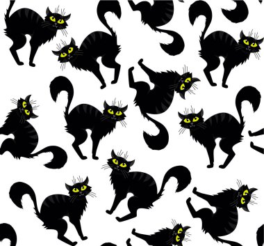 Cadılar Bayramı vektör karikatür el çizilmiş kedi seamless modeli