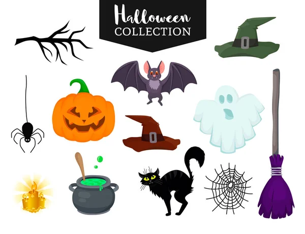 Conjunto vetorial de objetos de desenhos animados planos desenhados à mão de Halloween — Vetor de Stock