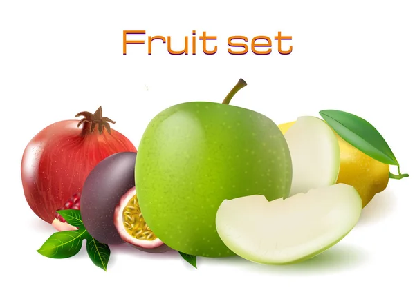 Vettore realistico 3d frutta set. Frutto della passione, melograno, mela limone isolato — Vettoriale Stock