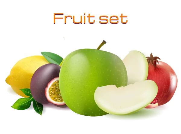 Vettore realistico 3d frutta set. Frutto della passione, melograno, mela limone isolato — Vettoriale Stock