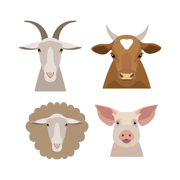 Vector domestic, farm animals head collection in flat, cartoon style — Stock Vector