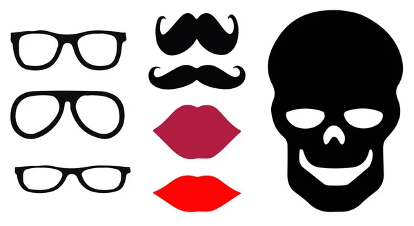 Cranio labbra baffi occhiali piatto logo vettore — Vettoriale Stock