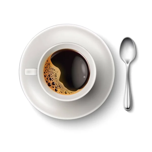 ベクター現実的なカップ ソーサー コーヒー スプーン トップ ビュー — ストックベクタ
