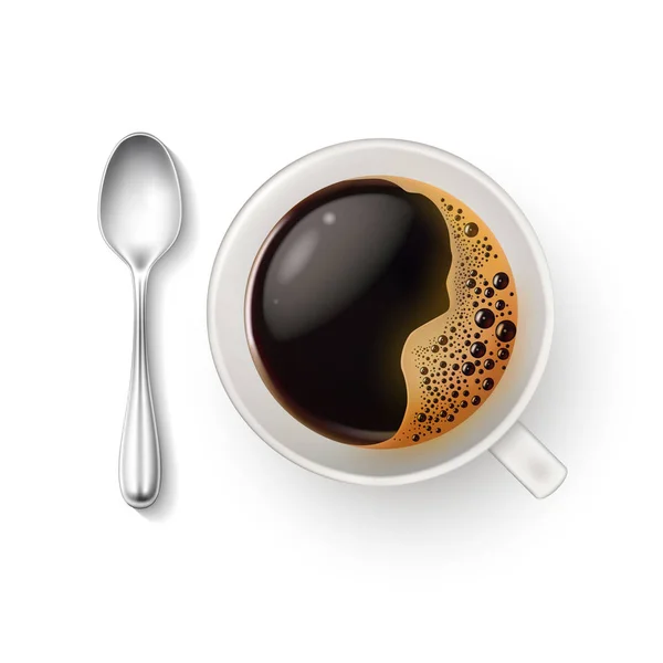 현실적인 컵 커피 스푼 평면도 근접 촬영 벡터 — 스톡 벡터