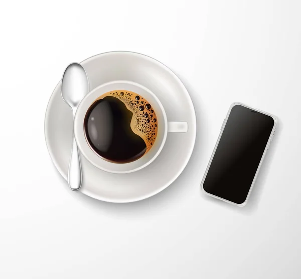 Telefono realistico del cucchiaio del piattino del caffè della tazza vettoriale — Vettoriale Stock