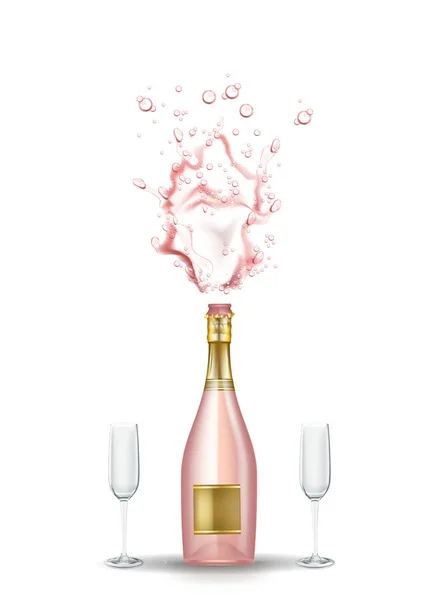 Vector realistic pink champagne explosion, glasses — Stock Vector