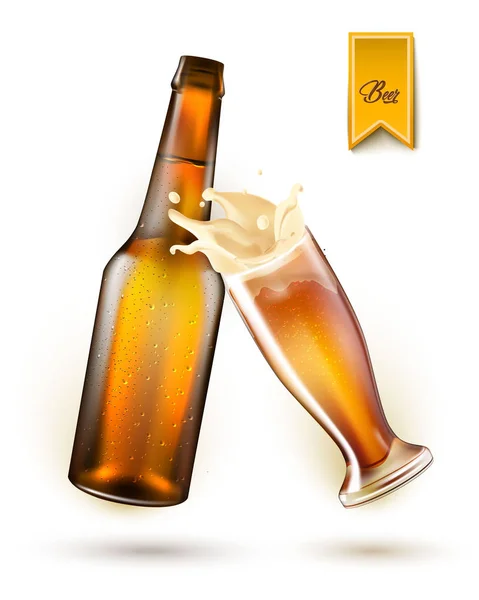 Vektor realistickou pivní láhev, stříkající ze skla — Stockový vektor