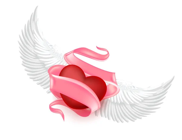 Vector realistic heart, silk ribbon, angel wings — Stock Vector