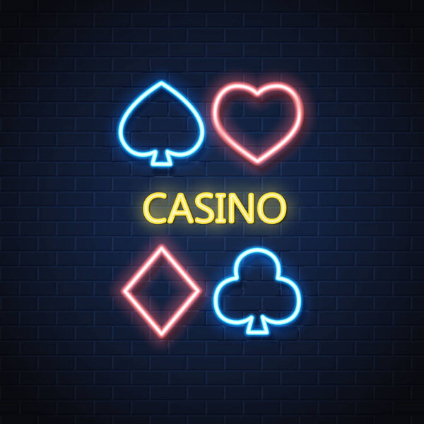 Vector neon casino poker card suit sign brick wall