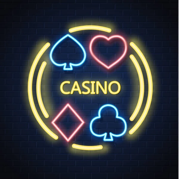 Vektor neon kasino poker karet obleku znamení cihlová zeď — Stockový vektor