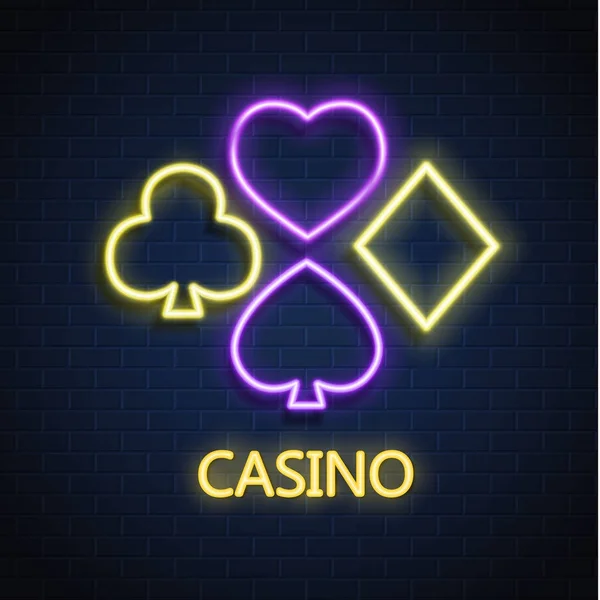 Vektor neon kasino poker karet obleku znamení cihlová zeď — Stockový vektor