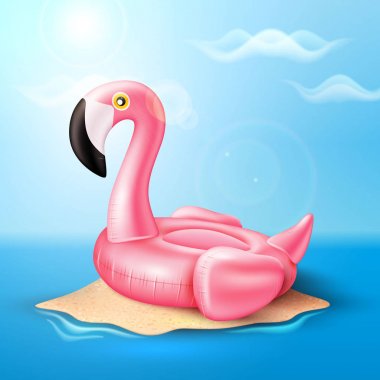 Vektör flamingo şişme havuz yüzüğü sahilde