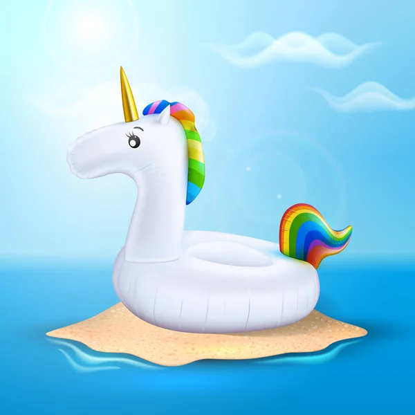 Vector unicorn inflatable pool ring on beach — Stock Vector