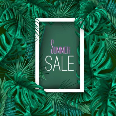 Vektör tropikal egzotik yaprakları yaz satışı büyük başlığı