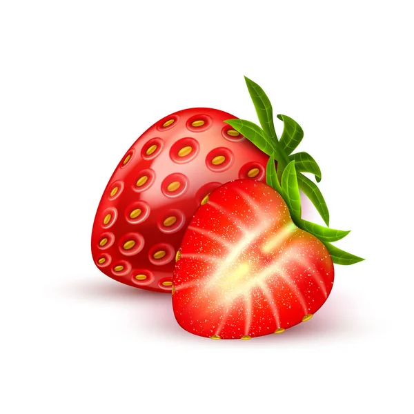 Vektor rinci strawberry realistis dengan irisan - Stok Vektor
