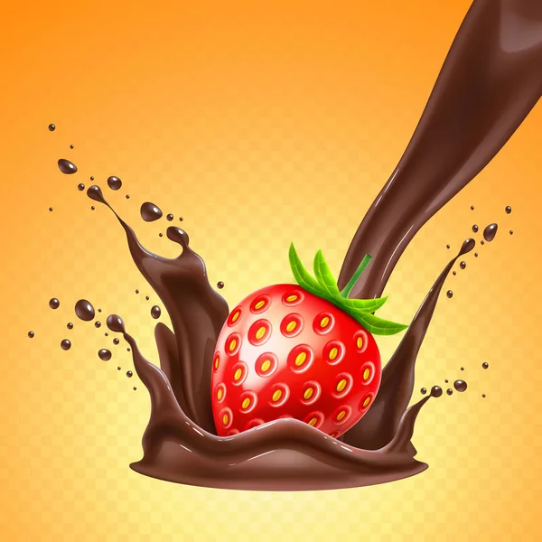巧克力飞溅中的矢量逼真草莓 — 图库矢量图片