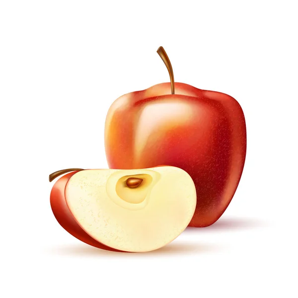 Διάνυσμα ρεαλιστική κόκκινο μήλο φρούτα φέτα 3d απομονωμένες — Διανυσματικό Αρχείο