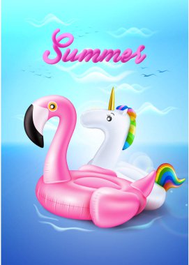 Vektör flamingo, tek boynuzlu at şişme yüzüğü sahilde