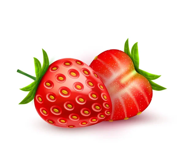 Vektor rinci strawberry realistis dengan irisan - Stok Vektor