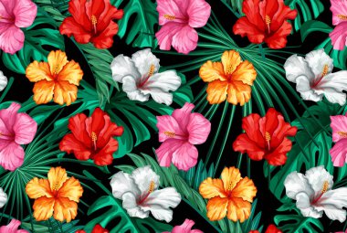 Vektör tropikal hibiscus Dikişsiz desen yaprak