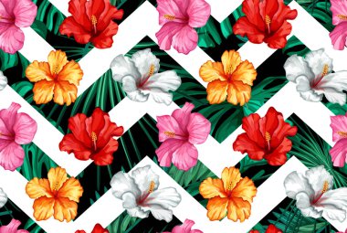 Vektör tropikal hibiscus Dikişsiz desen yaprak