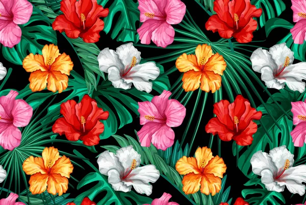 Vektör tropikal hibiscus Dikişsiz desen yaprak