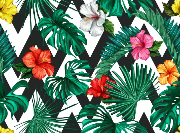 Vektor tropischen Blättern Hibiskus nahtlose Muster — Stockvektor