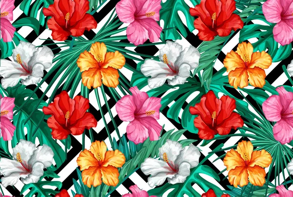 Vector tropical leaves hibiscus seamless pattern — Stock Vector