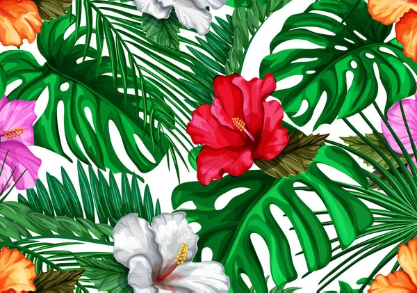Tropikalny wektor liści hibiskusa wzór — Wektor stockowy