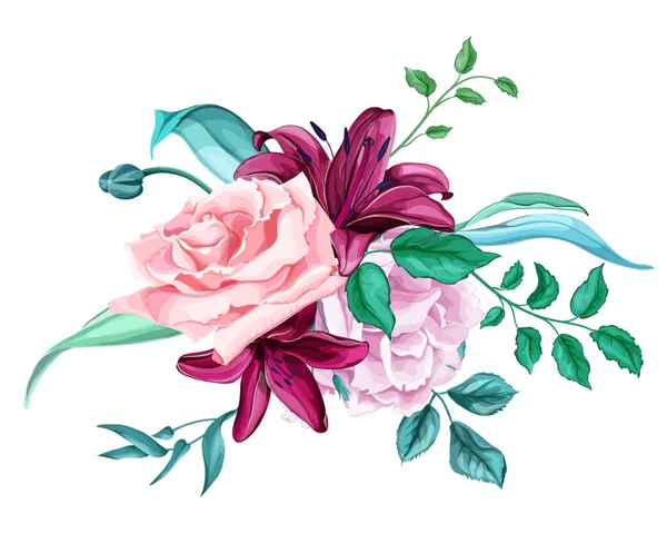 矢量玫瑰百合花, 叶子花束图案 — 图库矢量图片