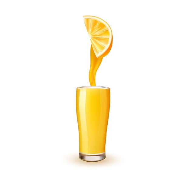 Realistic orange juice slice flowing in glass — Stock Vector