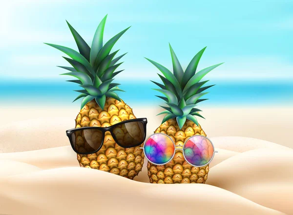 Ananas in occhiali da sole alla festa in spiaggia — Vettoriale Stock