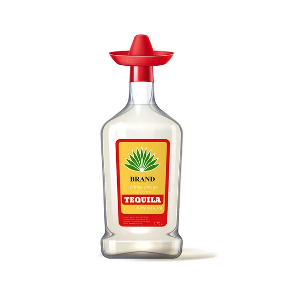 Wektor realistyczne tequila szklaną butelkę sombrero pokrywą — Wektor stockowy