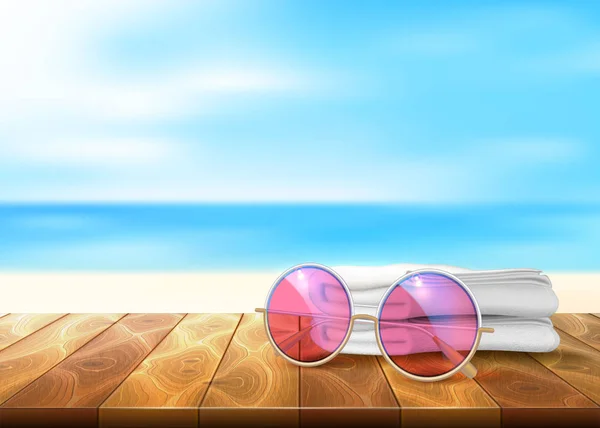 Vektor Holz Boden Strand Meer Sonnenbrille Handtuch — Stockvektor
