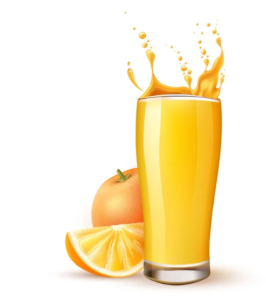 Verre à jus d'orange réaliste, tranche de fruits d'orange — Image vectorielle