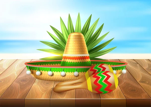 Vector maracas mexicanas, sombrero playa mar — Vector de stock