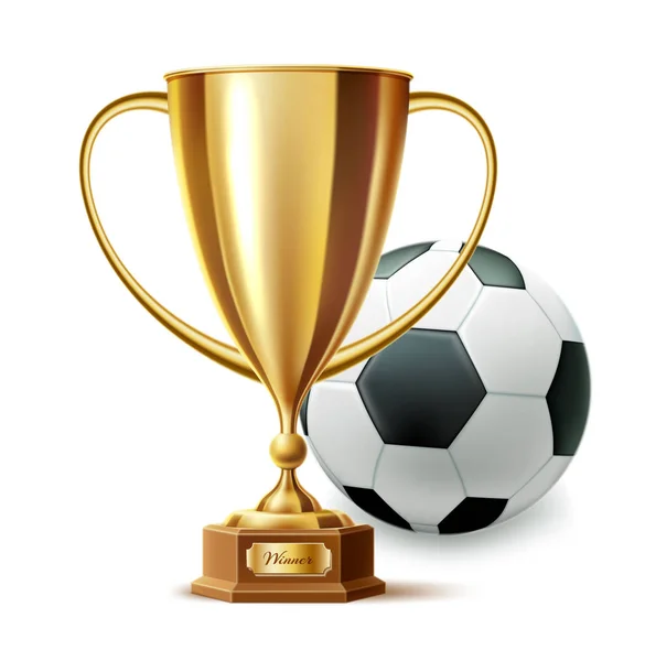Vetor realista bola de futebol copo de troféu dourado —  Vetores de Stock