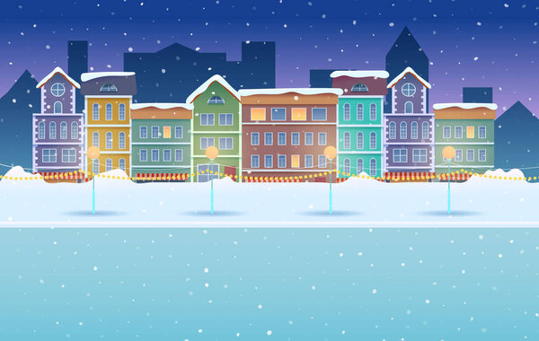 Vector cartoon night winter city snowy background